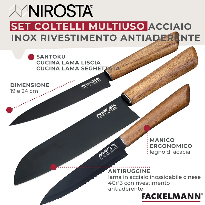 Set Coltello Santoku, Coltello a Lama liscia e Coltello a Lama Seghettata, Linea Flow