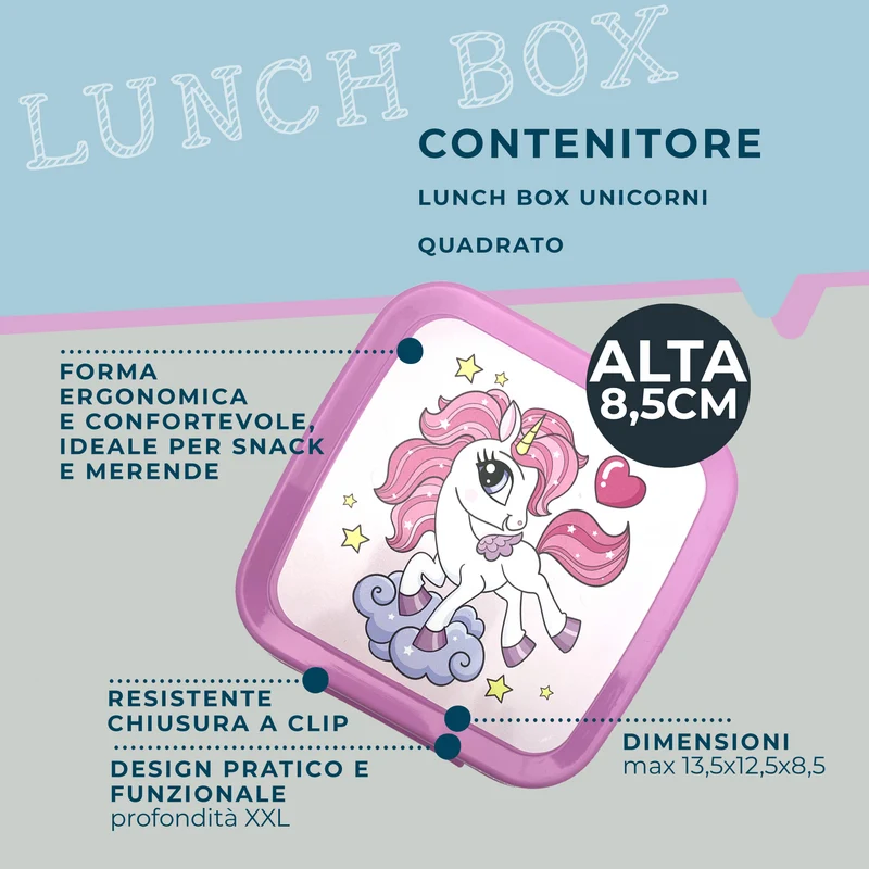 Lunch box porta merenda, quadrato, design unicorni