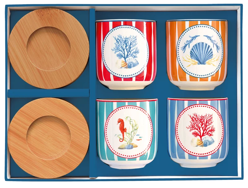 Set 4 bicchierini caffè 110 ml c/piattini in bamboo in gift box SEA BREEZE