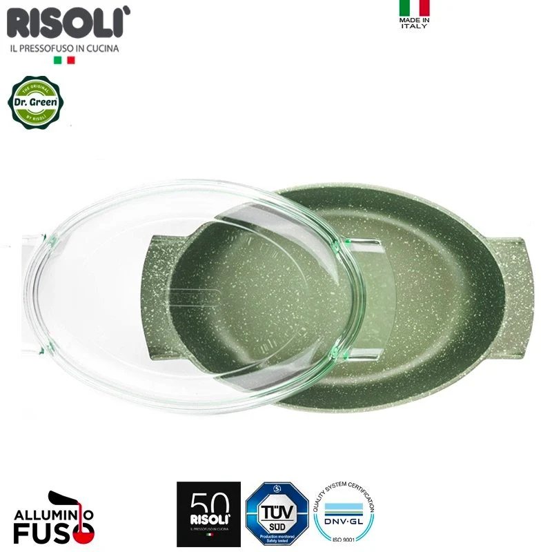 36x24 cm - Dr.Green Stone Rostiera Ovale Antiaderente In Alluminio Con Coperchio In Vetro