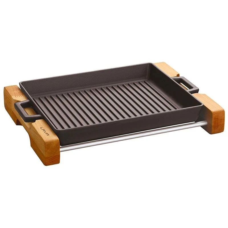 32x26 cm - Bistecchiera Rettangolare In Ghisa Smaltata Con Supporto In Legno