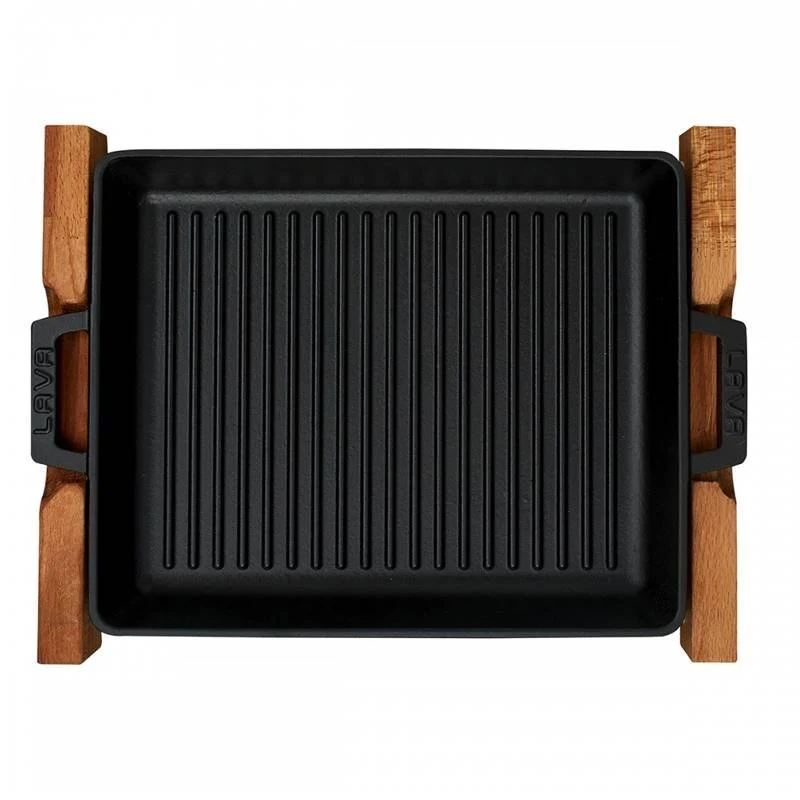 32x26 cm - Bistecchiera Rettangolare In Ghisa Smaltata Con Supporto In Legno