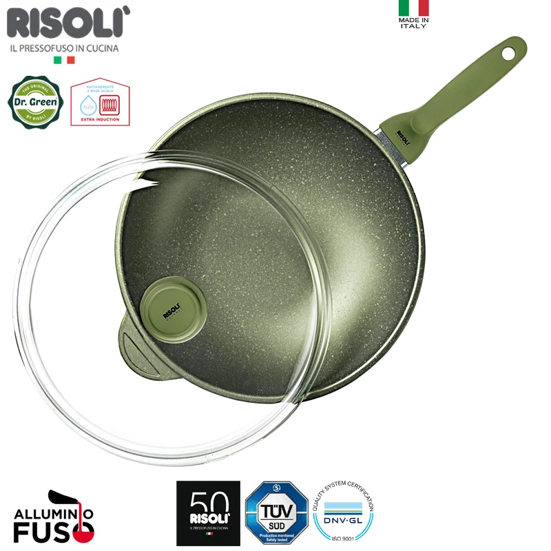 32 cm - Dr.Green Stone Extra Induction Wok Antiaderente In Alluminio Con Coperchio