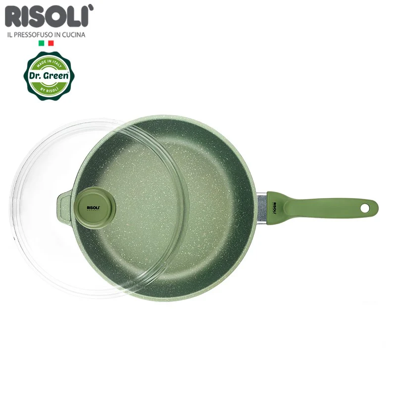 28 cm - Dr.Green Stone Padella Alta Antiaderente In Alluminio Con Coperchio In Vetro