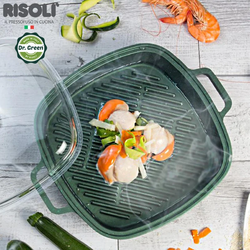 26x26 cm - Dr.Green Stone Extra Induction Bistecchiera Vapor Grill Antiaderente In Alluminio Con Coperchio