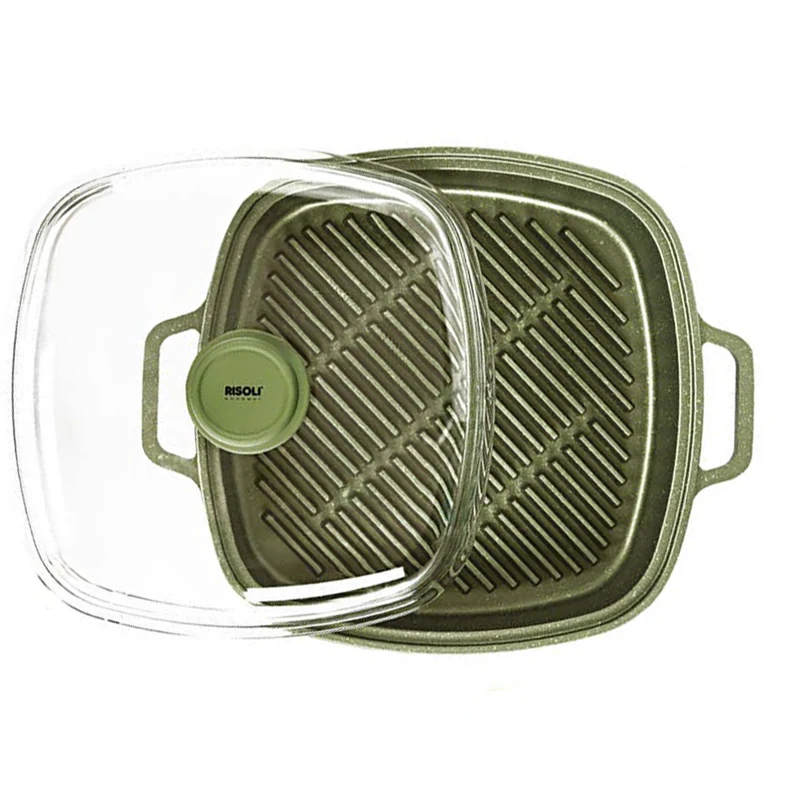 26x26 cm - Dr.Green Stone Extra Induction Bistecchiera Vapor Grill Antiaderente In Alluminio Con Coperchio