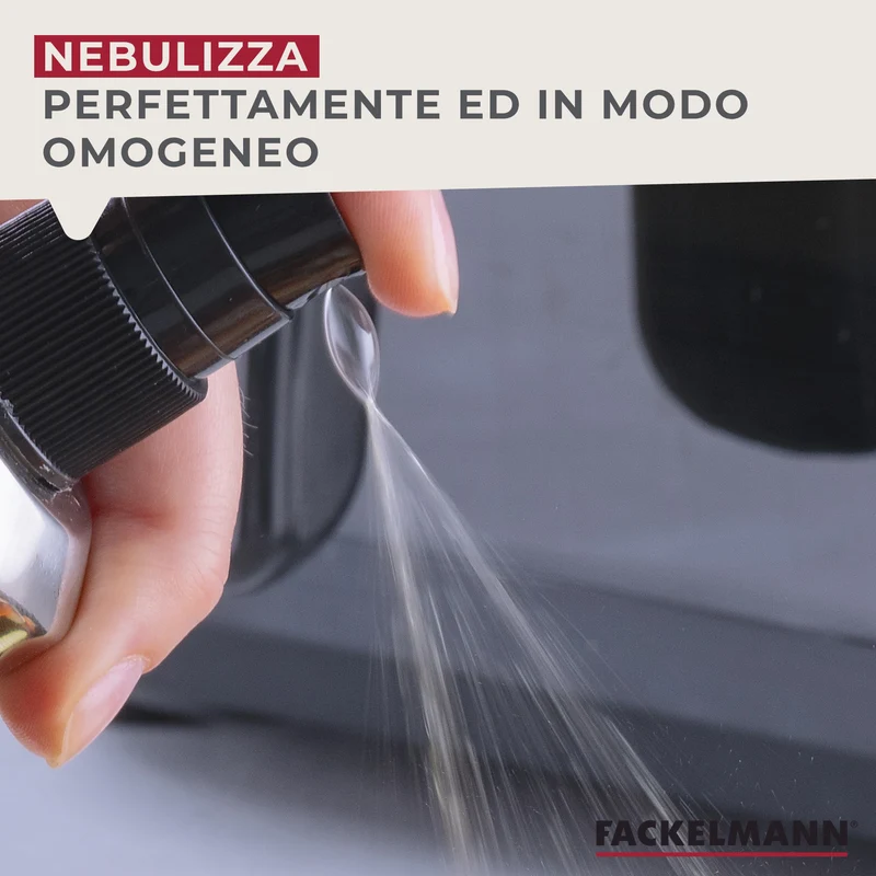 Oliera spray in vetro trasparente, meccanismo in plastica e coperchio in acciaio