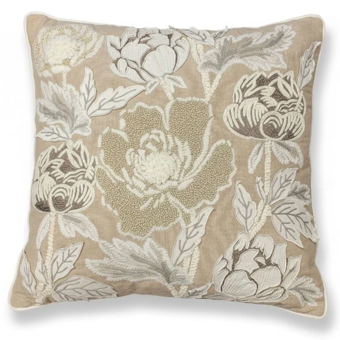 Cuscino in cotone con ricami in rilievo 45x45 cm - Fiori beige