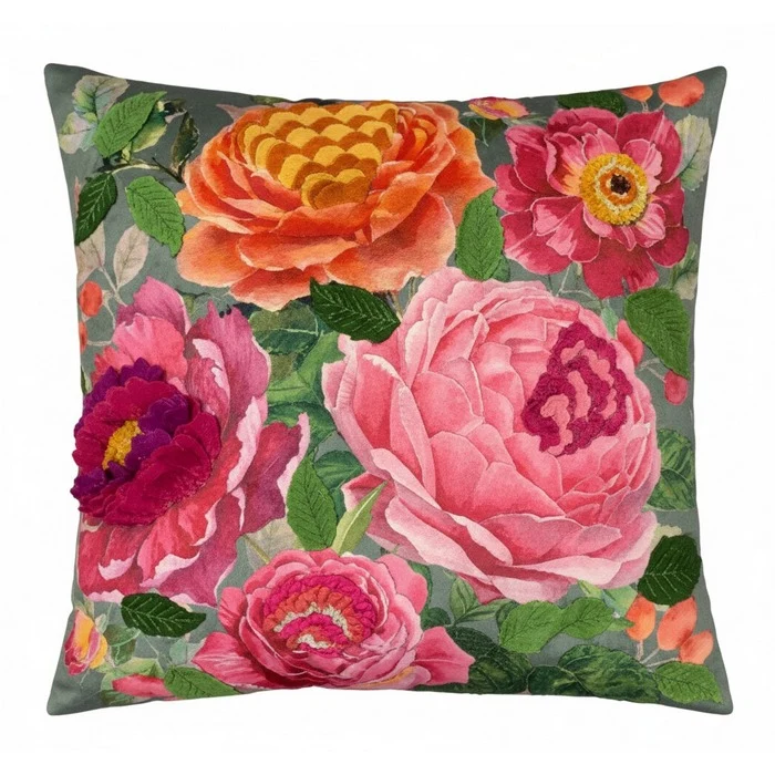 Cuscino in velluto con ricami in rilievo 45x45 cm - Fiori rosa
