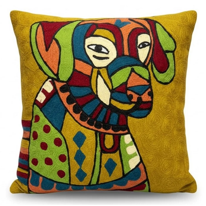 Cuscino in lana acrilica con ricamo cane 45x45 cm