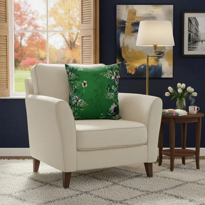 Cuscino in cotone verde con stampa fiori 45x45 cm