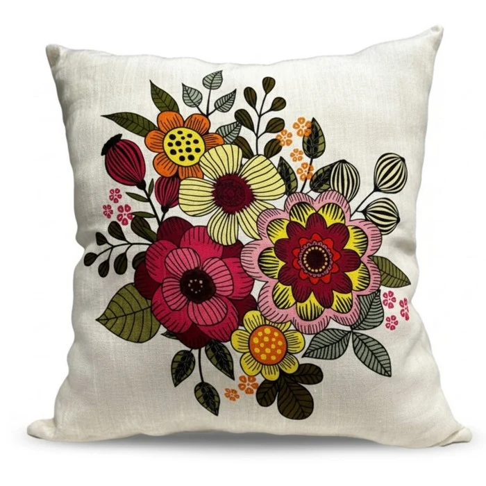 Cuscino bianco in cotone con stampa fiori 45x45 cm