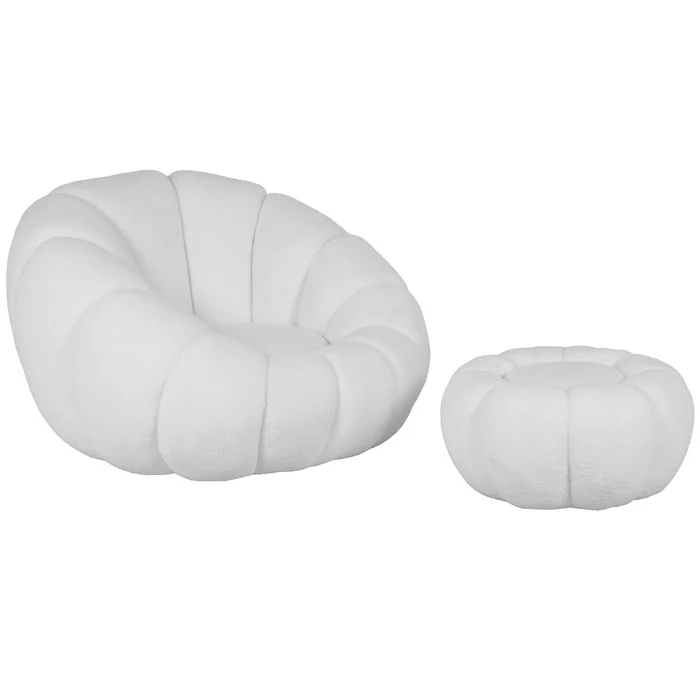 Set poltrona girevole con pouf poggiapiedi in tessuto bouclè - Nuvola