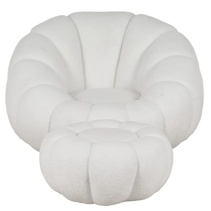 Set poltrona girevole con pouf poggiapiedi in tessuto bouclè - Nuvola