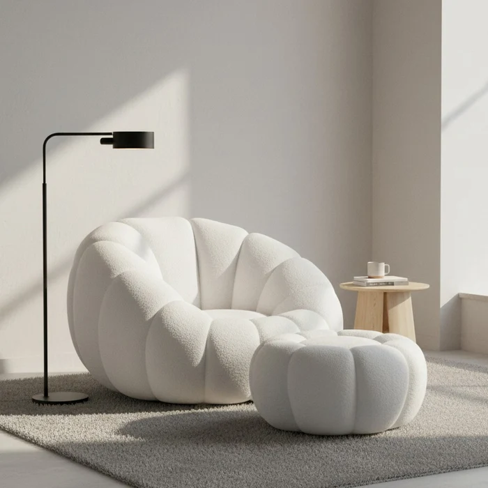 Set poltrona girevole con pouf poggiapiedi in tessuto bouclè - Nuvola