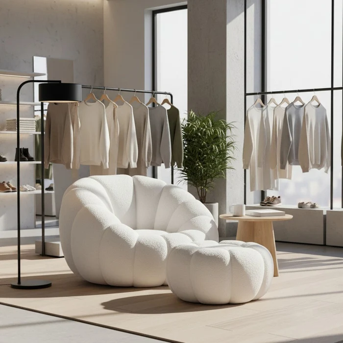 Set poltrona girevole con pouf poggiapiedi in tessuto bouclè - Nuvola