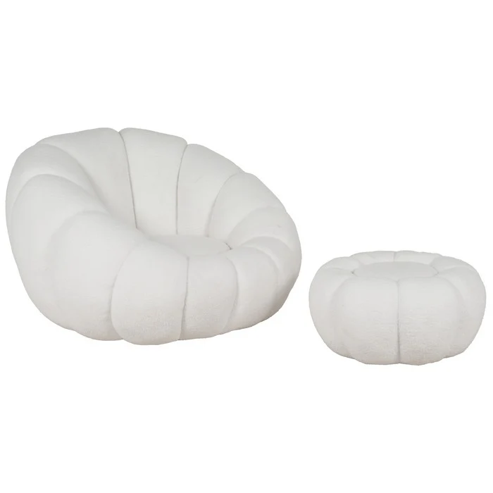 Set poltrona girevole con pouf poggiapiedi in tessuto bouclè - Nuvola