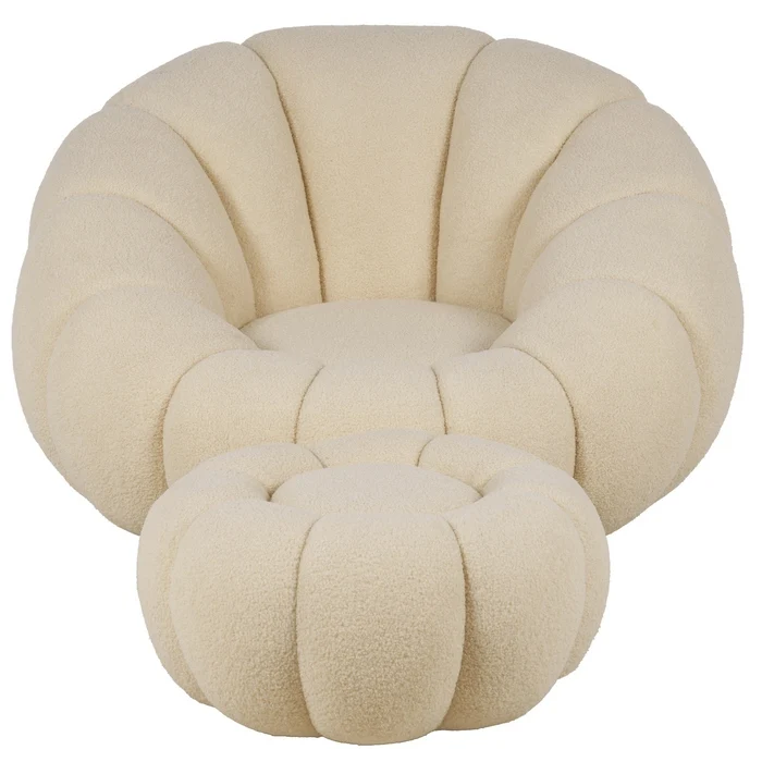Set poltrona girevole con pouf poggiapiedi in tessuto bouclè - Nuvola