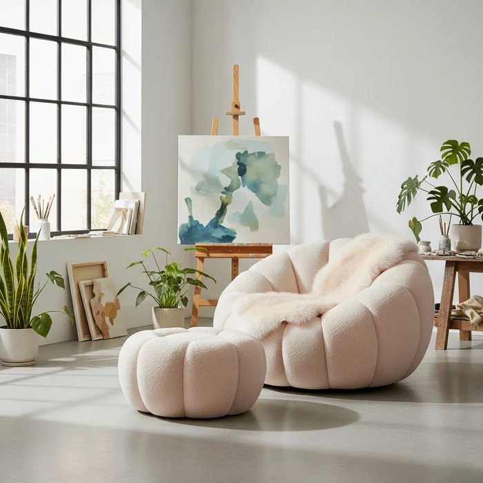 Set poltrona girevole con pouf poggiapiedi in tessuto bouclè - Nuvola