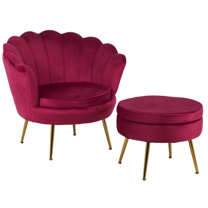 Set poltrona e pouf in velluto con gambe in metallo cromato oro
