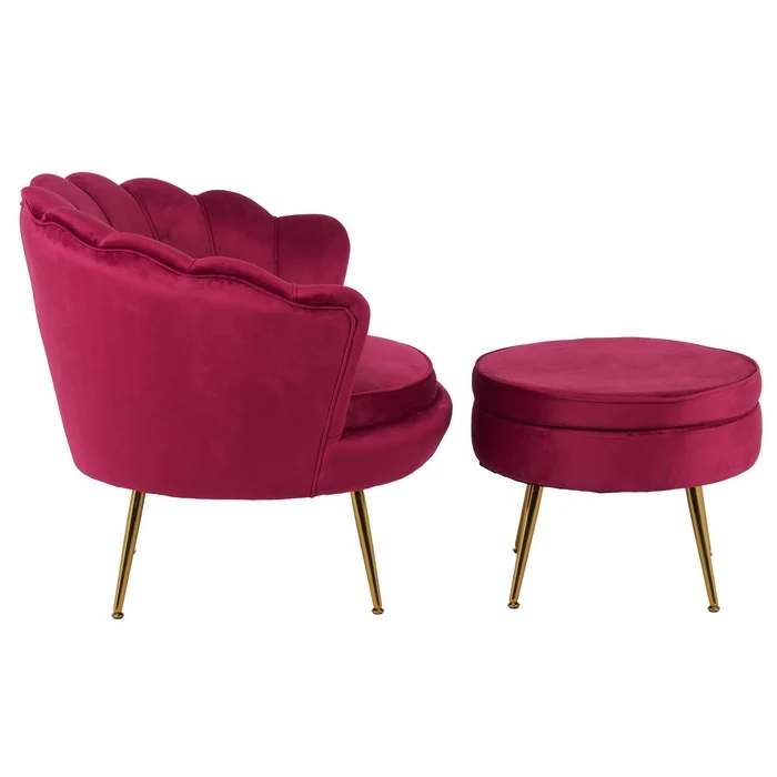 Set poltrona e pouf in velluto con gambe in metallo cromato oro