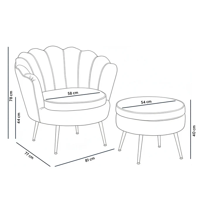 Set poltrona e pouf in velluto con gambe in metallo cromato oro