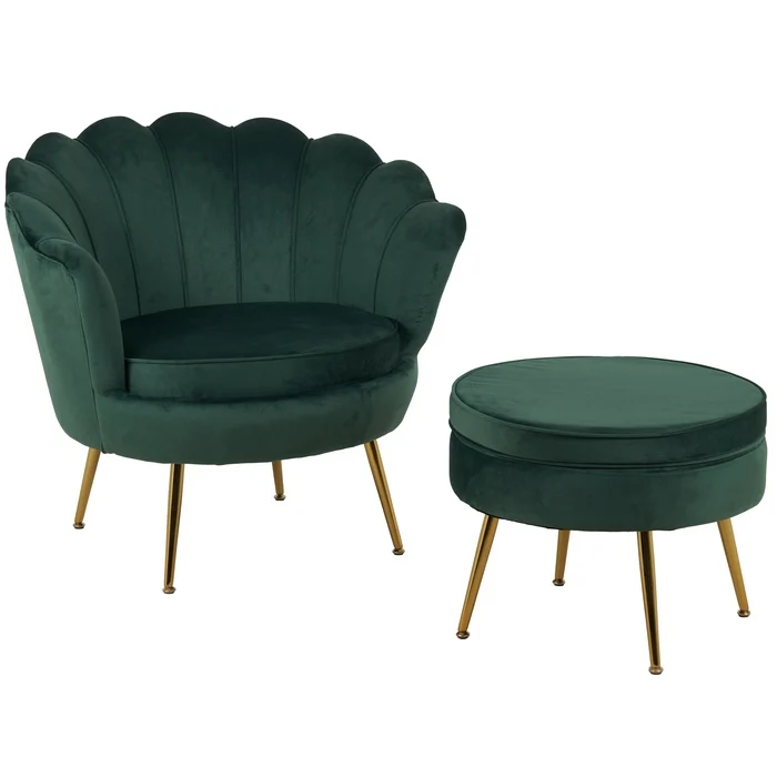 Set poltrona e pouf in velluto con gambe in metallo cromato oro