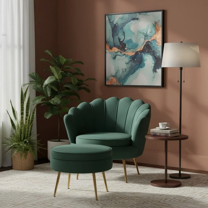 Set poltrona e pouf in velluto con gambe in metallo cromato oro