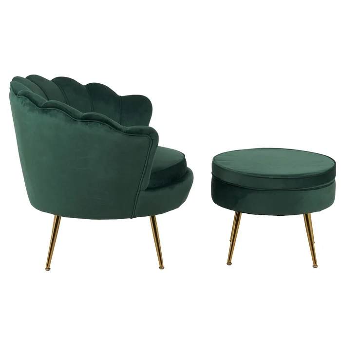 Set poltrona e pouf in velluto con gambe in metallo cromato oro