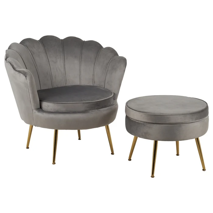 Set poltrona e pouf in velluto con gambe in metallo cromato oro
