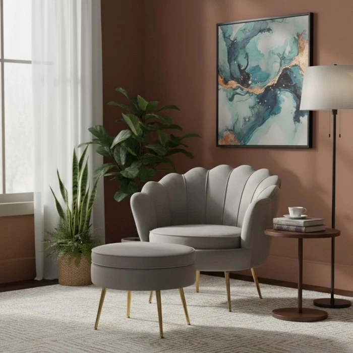Set poltrona e pouf in velluto con gambe in metallo cromato oro