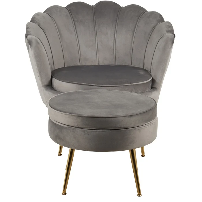 Set poltrona e pouf in velluto con gambe in metallo cromato oro