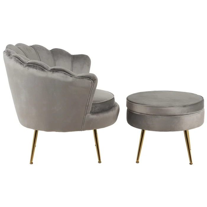 Set poltrona e pouf in velluto con gambe in metallo cromato oro