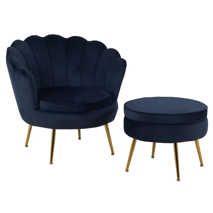 Set poltrona e pouf in velluto con gambe in metallo cromato oro