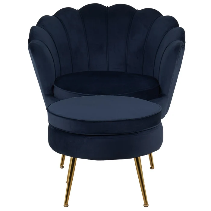 Set poltrona e pouf in velluto con gambe in metallo cromato oro