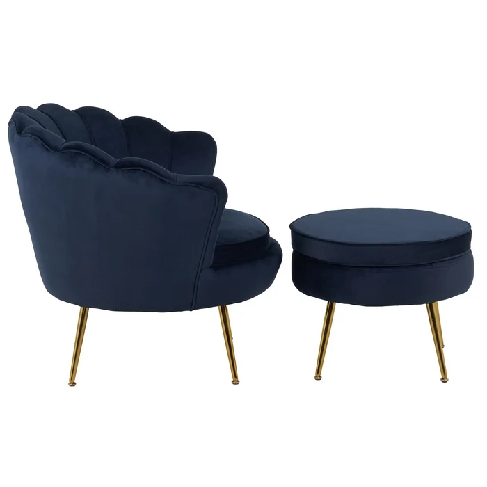 Set poltrona e pouf in velluto con gambe in metallo cromato oro