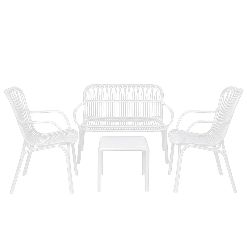 Set da giardino con divano, poltrone e tavolino in polipropilene effetto rattan - Meridiana - Bianco