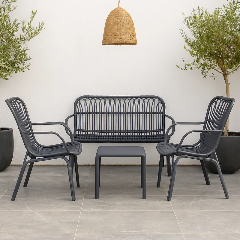 Set da giardino con divano, poltrone e tavolino in polipropilene effetto rattan - Meridiana - Antracite