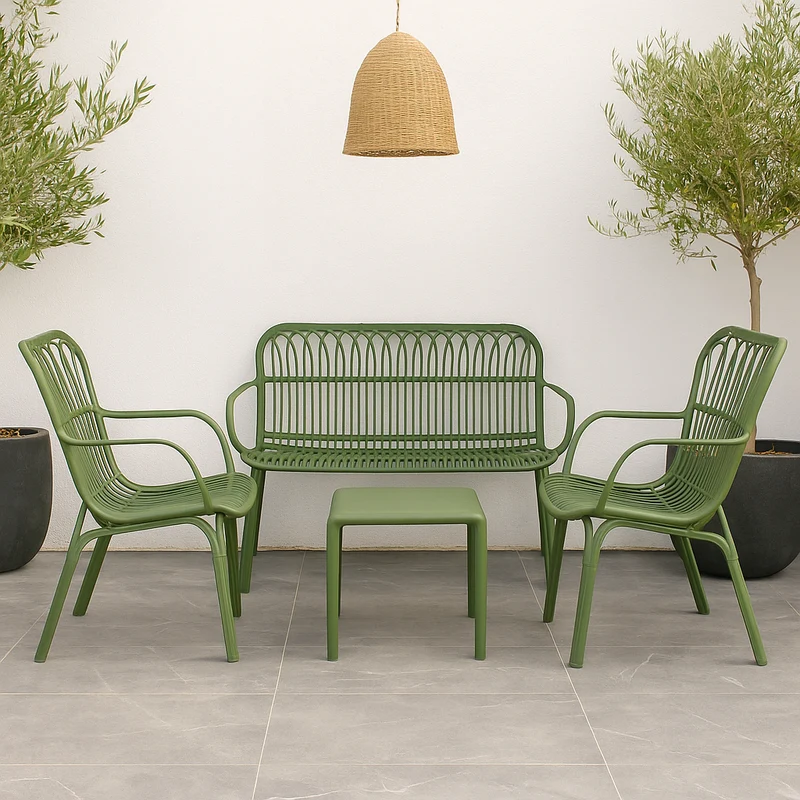 Set da giardino con divano, poltrone e tavolino in polipropilene effetto rattan - Meridiana - Agave