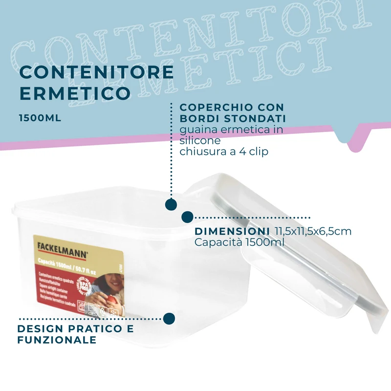 Contenitore ermetico, quadrato, 1500ml, 14,5x14,5x8 cm