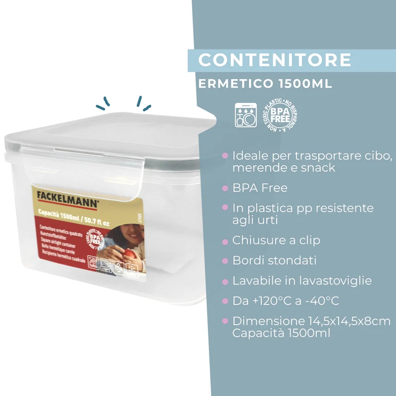 Contenitore ermetico, quadrato, 1500ml, 14,5x14,5x8 cm