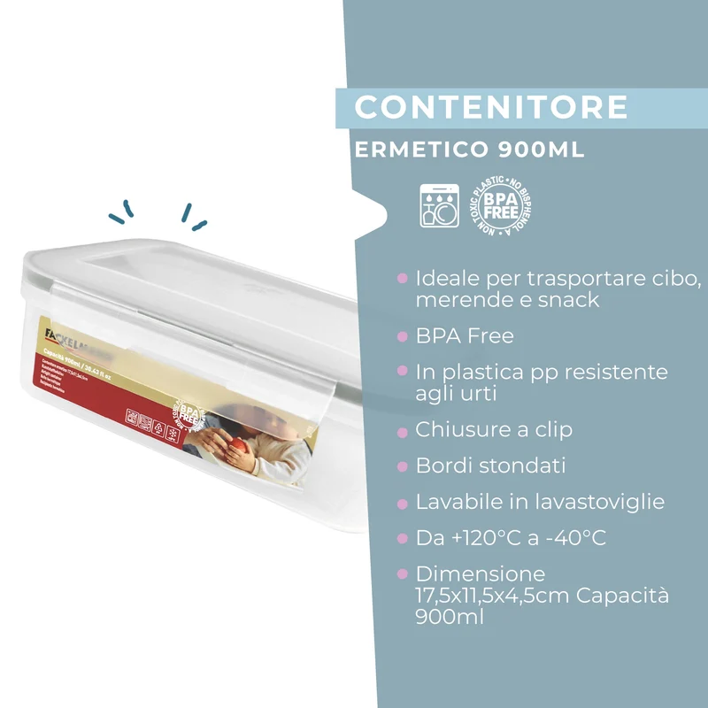 Contenitore ermetico, rettangolare, 900 ml, 17,5x11,5x4,5 cm