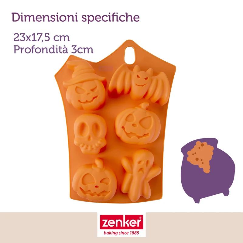 Set 2 Stampi in Silicone Halloween, Stampo 6 Impronte per Mini Torte e Stampo 10 Impronte Mini Zucche, Zenker