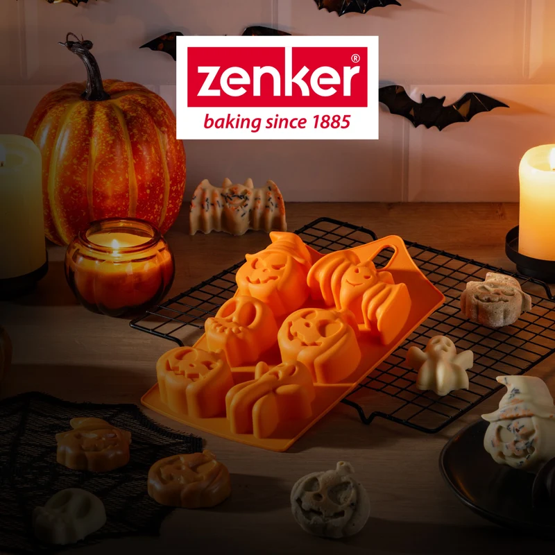 Set 2 Stampi in Silicone Halloween, Stampo 6 Impronte per Mini Torte e Stampo 10 Impronte Mini Zucche, Zenker