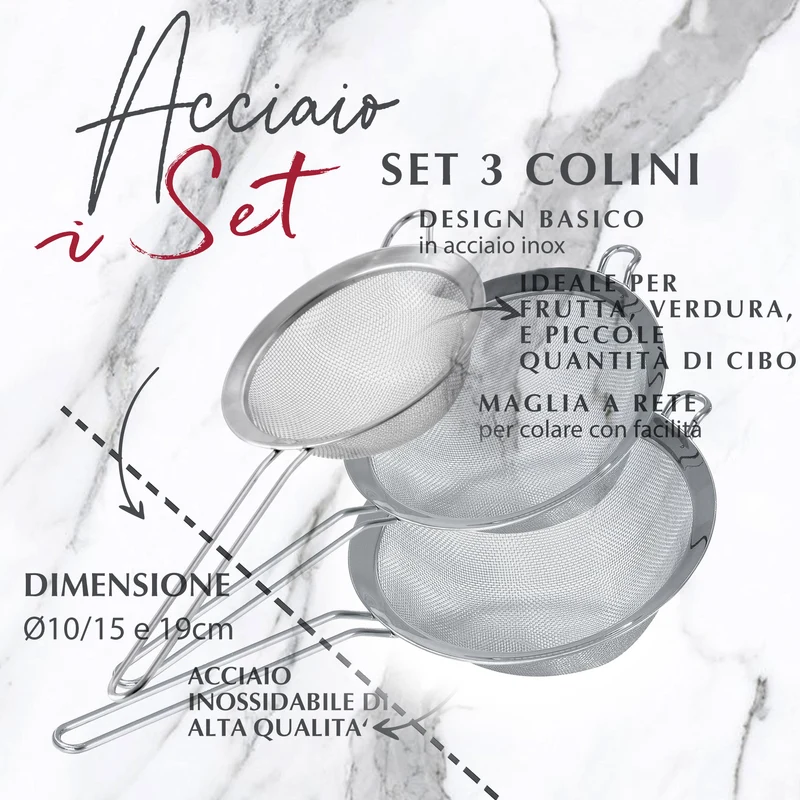 Set 3 Colini Maglia fine in acciaio inox, 10-15-19 cm