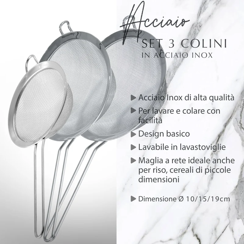 Set 3 Colini Maglia fine in acciaio inox, 10-15-19 cm