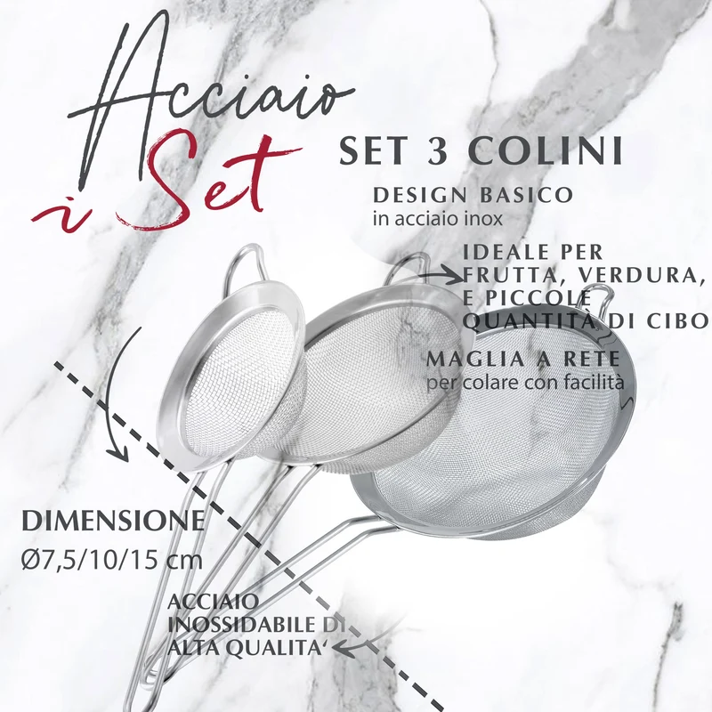 Set 3 Colini Maglia fine in acciaio inox, 7,5–10–15 cm