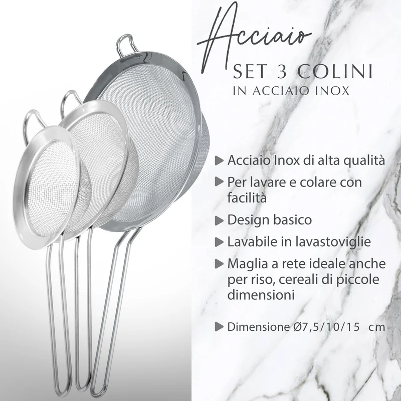 Set 3 Colini Maglia fine in acciaio inox, 7,5–10–15 cm