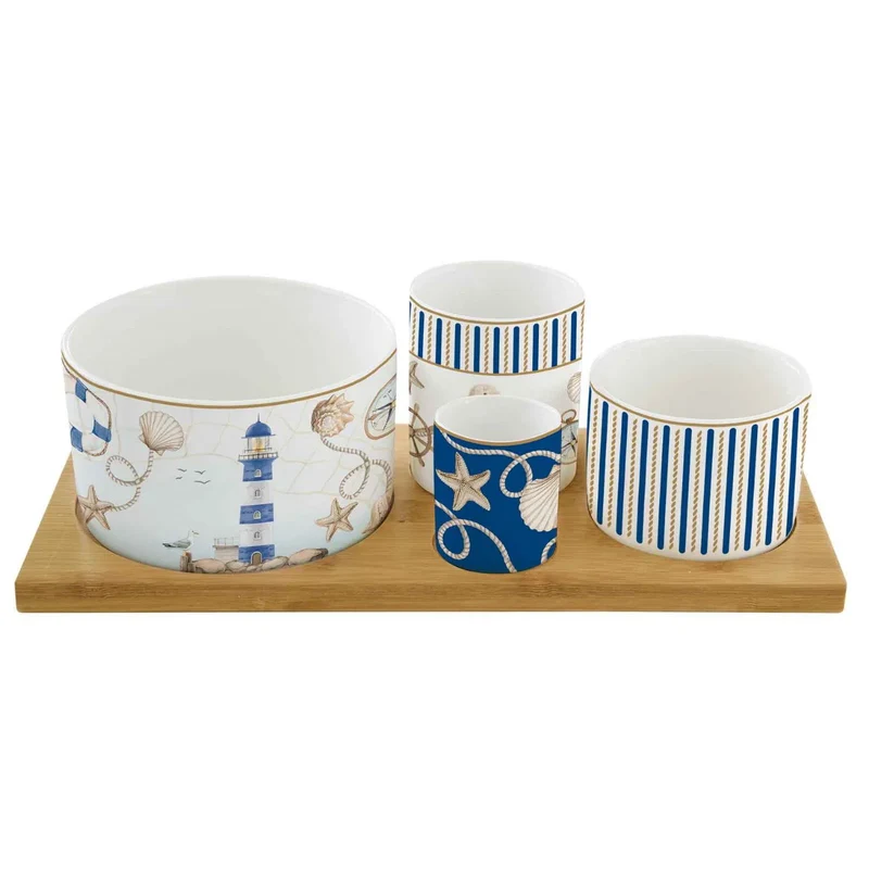 Set aperitivo in bamboo con 4 ciotole in porcellana in - BLUE LIGHTHOUSE