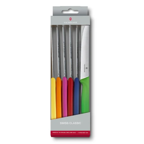 Set di 6 coltelli da tavola o cucina - con manici colorati / confezione regalo